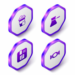 Set Isometric Iced coffee, Coffee turk, Bag beans and Candy icon. Purple hexagon button. Vector