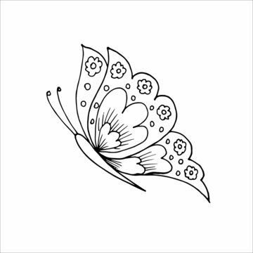 Hand-drawn butterfly doodle element for coloring, invitation, postcard. Black and white vector image
