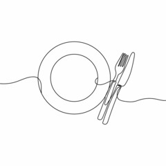 Vector continuous one single line drawing icon of table setting christmas in silhouette on white background. Linear stylized.