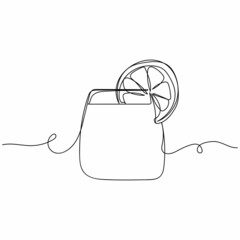 Vector continuous one single line drawing icon of cocktail gin tonic with lemon in silhouette on white background. Linear stylized.