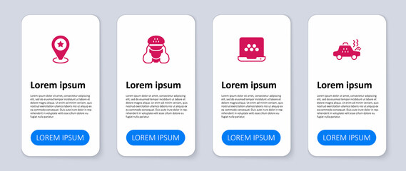 Set Broken taxi car, Taxi mobile app, driver and Location with star. Business infographic template. Vector