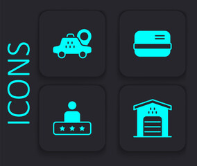 Set Garage for taxi car, Location, Credit card and Taxi service rating icon. Black square button. Vector