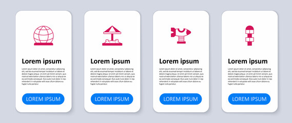 Set Hopscotch, Swing plane, Sandbox with sand and Playground climbing equipment. Business infographic template. Vector