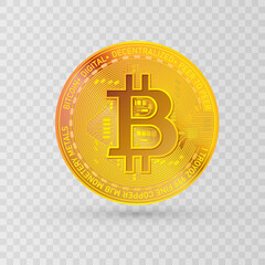 Bitcoin gold coin. Bitcoin cryptocurrency symbol isolated on bright background with bright rays of light.Realistic vector illustration.