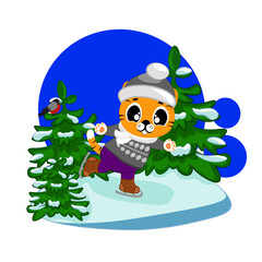 Cute cartoon tiger is skating on the ice rink in the forest. Winter landscape. The symbol of the 2022 year. Animal character