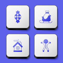 Set Candy, Christmas santa claus sleigh, Merry house and Holiday gingerbread man cookie icon. White square button. Vector