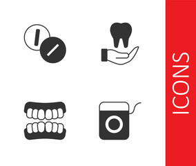 Set Dental floss, Toothache painkiller tablet, Dentures model and icon. Vector