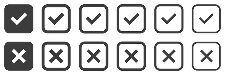 Set of check mark icons and cross, square signs with tick and cross. Checked icon or correct choice sign. Wrong choice or cancellation sign.