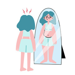 A thin girl looks in the mirror and considers herself fat and ugly. The person suffers from anorexia. Flat vector illustration.