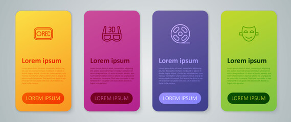 Set line Film reel, Comedy theatrical mask, Record button and 3D cinema glasses. Business infographic template. Vector