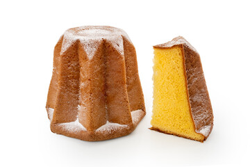 Pandoro with slice, traditional Italian Christmas cake from Verona with icing sugar isolated on...