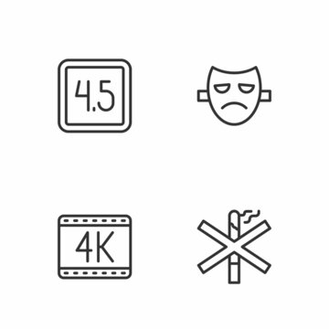 Set line No smoking, 4k movie, Rating and Drama theatrical mask icon. Vector