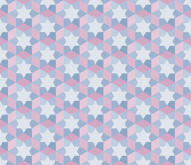 Seamless zigzag abstract background pattern. Blue six-pointed star. Pink hexagon shape. Texture design for textile, tile, cover, poster, backdrop, banner, wall. Vector illustration.