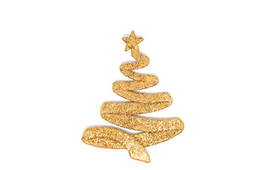 Toy Christmas tree in golden color on a white background