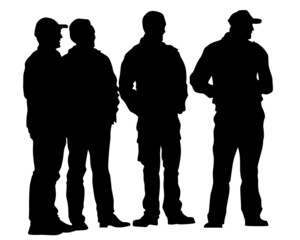 Young people in fashionable clothes on the street. Isolated silhouettes on white background