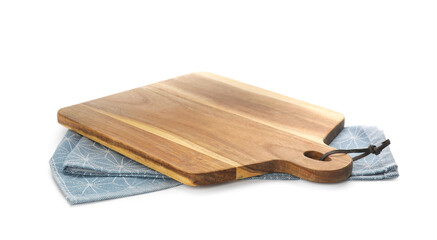 Wooden cutting board with kitchen towel isolated on white. Cooking utensil