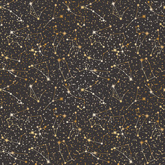 Vector zodiac constellations. Celestial seamless pattern. Stylized astronomical star systems in gold color on a black. Background with astrological horoscope signs for wrapping paper and fabric