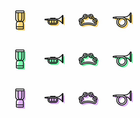 Set line Tambourine, African djembe drum, Trumpet and icon. Vector