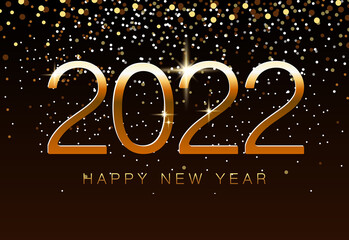Fototapeta na wymiar Happy new year 2022. Elegant golden design of shiny numbers isolated with white text. Black background, stars and golden snowfall. Design 2022 logo. Elements for calendar and greeting cards, template