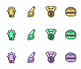 Set line Medal, Punch in boxing gloves, Whistle and Bicycle helmet icon. Vector