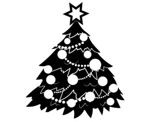 Black silhouette Christmas decorated tree isolated on a white background. Vector illustration.