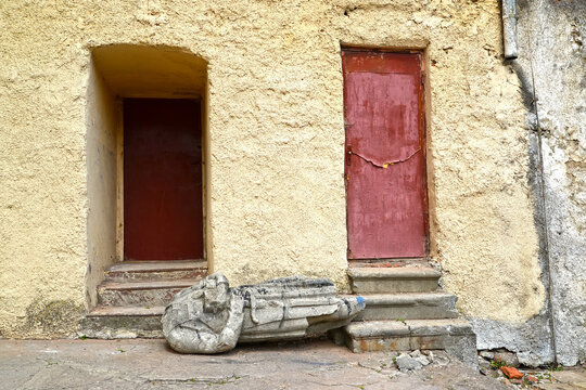 A sculpture of a headless knight of the Teutonic order lies on the territory of the Labiau castle, XIII century. Polessk, Kaliningrad region