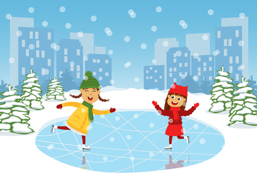 Cute smiling girls ice skating on rink. Winter scene with a city on background. Winter activity with happy children. Funny ice skate scene. Christmas design. Flat vector illustration. 