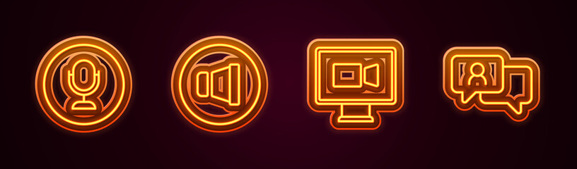 Set line Microphone, Speaker volume, Video chat conference and Speech bubble. Glowing neon icon. Vector