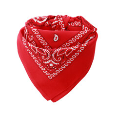 Tied red bandana with paisley pattern isolated on white - obrazy, fototapety, plakaty