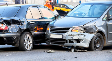 car crash accident on street. damaged automobiles