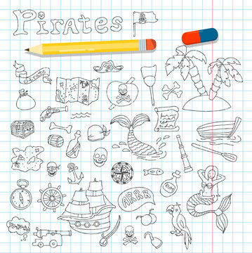 Vector doodle pirate set. A map with a hand-drawn sketch of a mermaid ship and pirate items. Template for children s postcards. Map of treasure island.