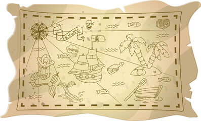 Vector doodle pirate set. A map with a hand-drawn sketch of a mermaid ship and pirate items. Template for children s postcards. Map of treasure island.