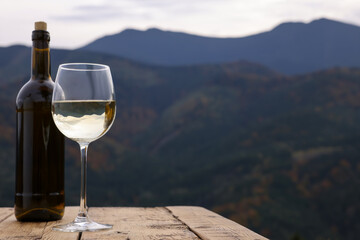 Glass and bottle of tasty wine on wooden table against mountain landscape. Space for text