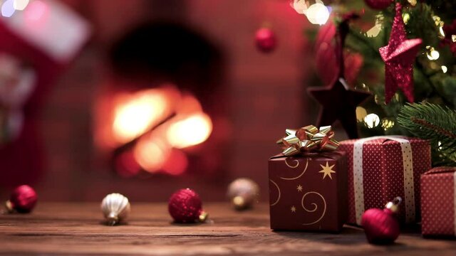 Christmas Tree with Decorations and Gifts Near a Fireplace with Lights