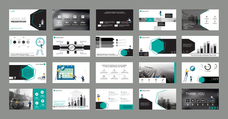 Business presentation, powerpoint, launch of a new business project. Infographic design template, green, black elements, white background, set. A team of people creates a business, teamwork.Mobile app - obrazy, fototapety, plakaty
