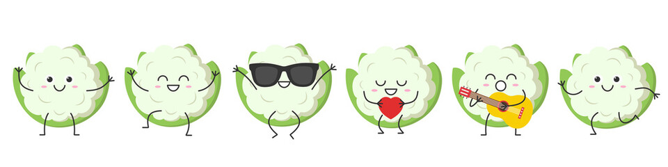 Set cauliflower cute character cartoon greeting jumping loves sings running smiling face happy joy vegetable cabbage emotions icon vector illustration.