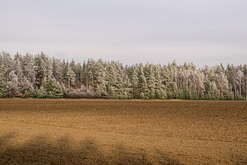 Fototapeta na wymiar frozen plowed field in autumn