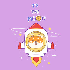doge coin cartoon, Shiba inu in the rocket in galaxy with stars. To the moon.