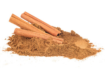 Cinnamon sticks and cinnamon powder isolated on a white background. Aromatic cinnamon sticks.