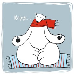 cute polar bear in red scarf meditating, yoga clipart, comic vector illustration with cartoon character good for card and print design
