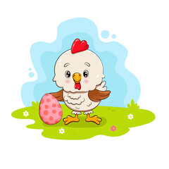 Cute cartoon chicken with egg. Easter Card