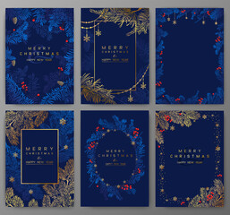 Fototapeta na wymiar Christmas deep blue Poster set. Vector of Christmas cards with golden branches of Christmas tree and snowflakes.