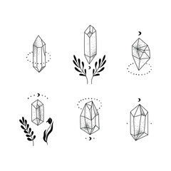 Bundle of doodle hand drawn magical crystals decorated with moon, stars and flowers. Pretty freehand vector objects with texture isolated on white background.
