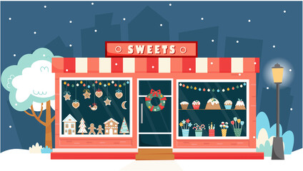 Sweet shop, candy store, confectionery, bakery with Christmas decoration. Shops front view. Gingerbread, sweets, gingerbread house, lollipop, cake, wreath, gerland. Vector illustration in flat style. - obrazy, fototapety, plakaty