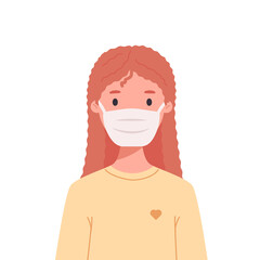 Girl with long red wavy hair in medical mask. Children's avatar during COVID-19 coronavirus pandemic. Colorful flat vector illustration isolated on white background