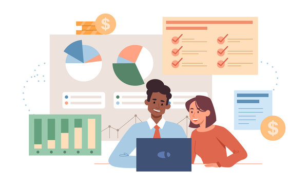 Financial analysis concept. Man and woman look at laptop and study sales statistics. Entrepreneurs developing investment plan to increase income. Accounting. Cartoon flat vector illustration