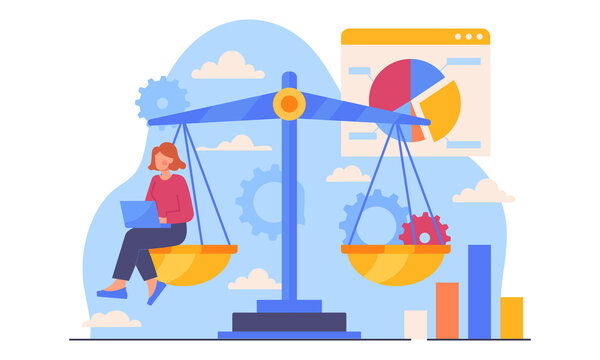 Benchmarking business concept. Woman with laptop sits on scale and balances gears. Employee analyzes statistics and develops ideas for growth and progress. Cartoon modern flat vector illustration