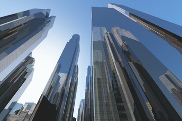 Skyscrapers, high-rise buildings, view of the skyscrapers from below against the sky, 3D rendering