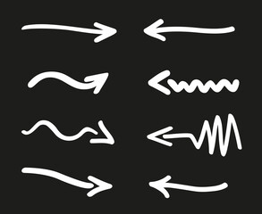 Hand drawn simple arrow. Outlined arrows on isolated background. Elements are drawn in a linear style. Black and white illustration
