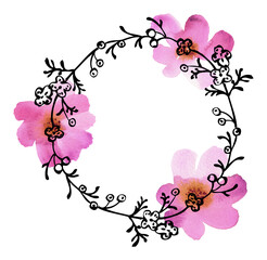 Round floral frame. Hand painted illustration